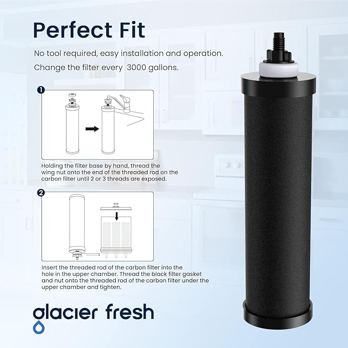 GLACIER FRESH Replacement for BB9-2 Black Purification Water Filter, Compatible with Berkey® BB9-2 Black Filters and Berkey® Gravity Water Filter System, 2 Pack