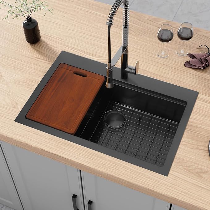 Drop In Black Kitchen Sink,Stainless Steel Sink 16 Gauge,Single Bowl Workstation Sinks (Black, 28" X 22")