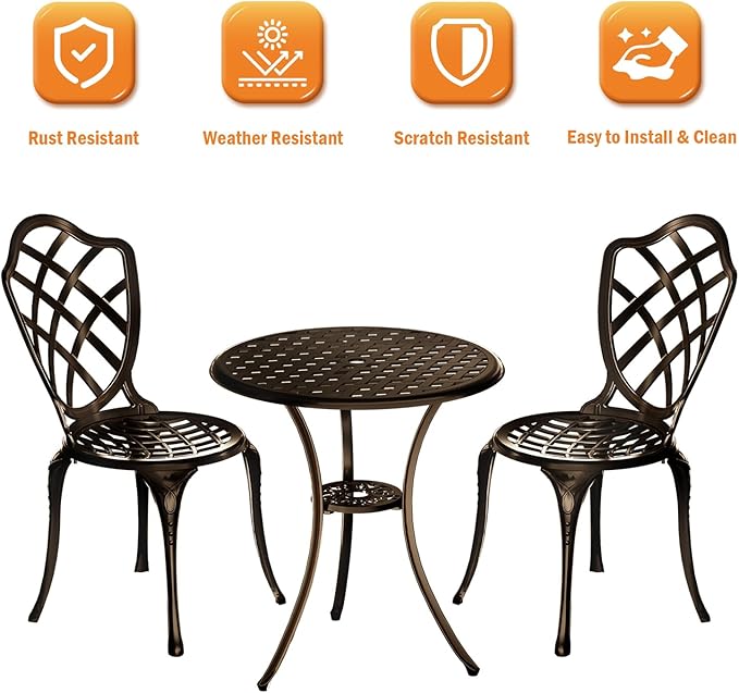 3 Piece Patio Bistro Set, Outdoor Bistro Table and Chairs Set of 2 w/Umbrella Hole, Rust-Resistant Cast Aluminum Bistro Set for Garden/Balcony/Backyard, Bronze