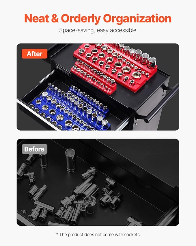 VEVOR Magnetic Socket Organizer Set, 6PCS Socket Holder, 1/4'', 3/8'' & 1/2'' Metric SAE Socket Trays with Clear Labels, Hold up to 143PCS Standard & Deep Sockets, Blue & Red (Sockets Not Included)