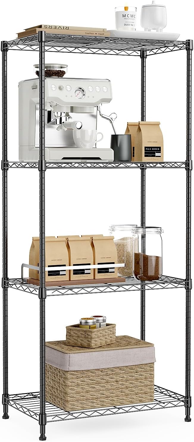 IZEUK 4-Tier Black Steel Storage Shelves, Heavy Duty Utility Wire Rack Organizer for Kitchen, Office, Home, 1000 lbs, 13.7" D x 23.6" W x 53.4" H