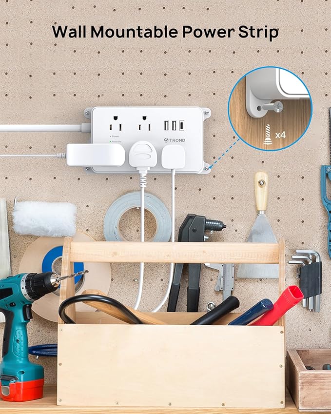 TROND Power Strip with USB, 10ft Extension Cord Surge Protector, 5 Widely Spaced Outlets with 3 USB Ports, ETL Listed, 1300J, Low-Profile Flat Plug, Wall Mountable, White