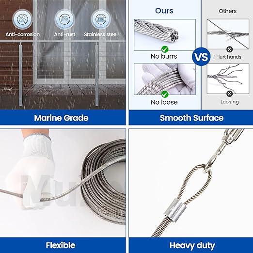 Muzata 1200 ft 1/8" Stainless Steel Cable Railing System Hardware T316 Stainless Steel Wire Rope 7x7 Strands 1800 lb Breaking Strength Deck Cable Railing Kit for Indoor Outdoor Coastal WR02