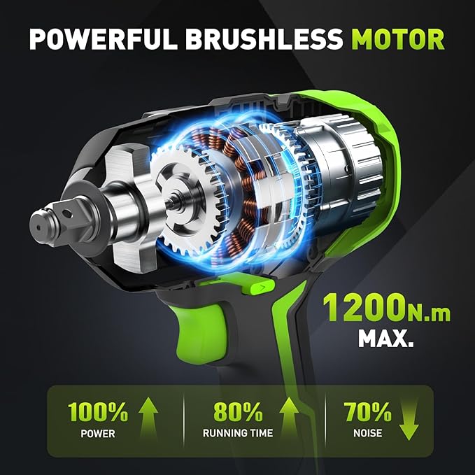 1/2 Impact Gun, 1200Nm (885Ft-lbs) High Torque Brushless, Cordless Impact Wrench with 20V 4Ah Battery, 3-Speed, 4 Cr-V Sockets, LED Light, Variable Speeds, Electric Wrench for Car Tire, Mower Lug Nut