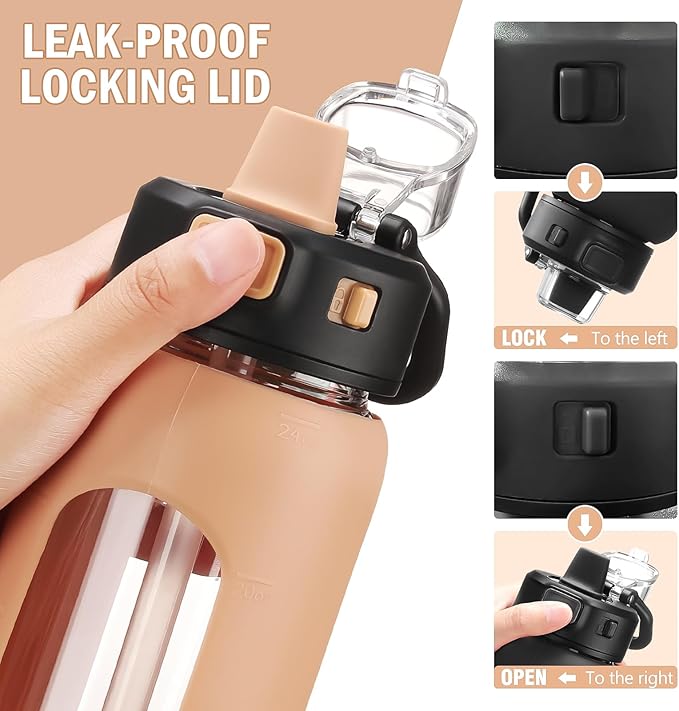 Kodrine Water Bottle With Straw and Carry Handle, Glass Water Bottle 24 oz Leak Proof Locking Lid with Soft Silicone Spout, Small Clear Water Bottle, Travel Sports Water Jug, Time Marker, Amber