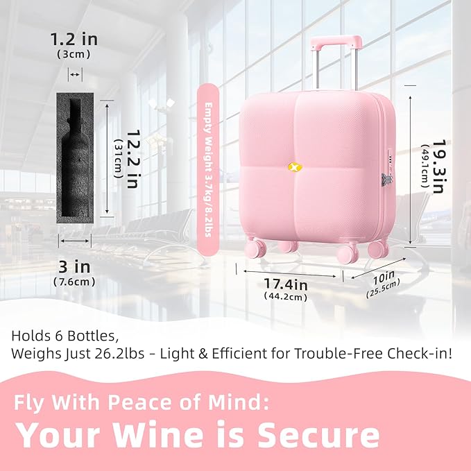 Wine Suitcase, 6 Bottle Wine Luggage, Durable Wine Travel Case, Fly With Wine Suitcase with TSA Lock, Versatile Wine Carrier with Removable Inserts and Silent Spinner Wheels（Pink）