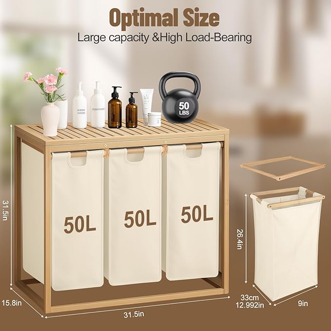 Bamboo Laundry Hamper 3 Section with Lid, 150 L Laundry Sorter with Pull-Out Removable Washable Bags, 3 × 12.5 Gal Divided Laundry Baskets for Laundry Room, Bathroom (Beige)