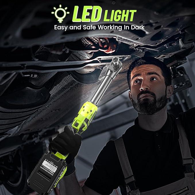 3/8" Cordless Ratchet Wrench: 58Ft-lbs (80N.m) 400RPM Light Weight Electric Ratchet, 6'' Extended Neck, 2 x2.0Ah Battery, 8 Sockets, 3" Extension Bar, LED Light (RH80B)