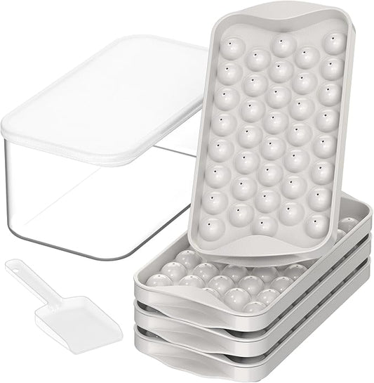 DOQAUS 4 Pack Round Ice Cube Trays with lid and Bin, Easy Pop Out Ice Trays for Freezer with Cover, Compact Circle Ice Cube Trays for Frezzer, Sphere Ice Cube Tray with Storage Ice Bucket Kits, Scoop
