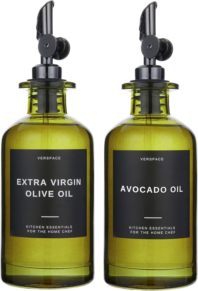 Green Glass Olive Oil Dispenser Bottle For Kitchen By Verpsace,Avocado Oil Dispenser Set, Modern Decor, Gold Kitchen Accessories for Home, Airbnb, Cafe (Black, Set of 2)