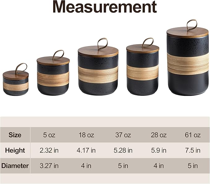 Small Ceramic Jar with Lid, Coffee Container Kitchen Food Storage Jars for Spice Sugar Tea Bag Matcha Container Airtight, Stacairtightkable Decorative Jars for Countertop, Black & 5oz