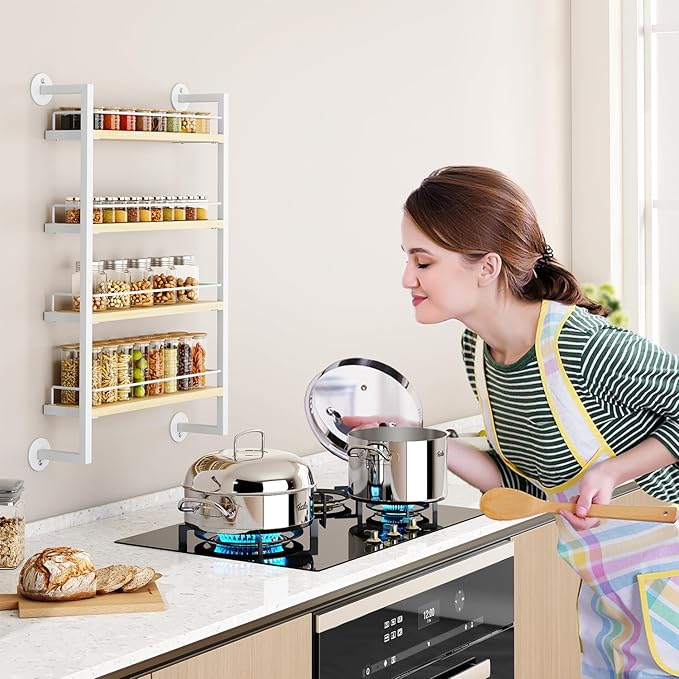 IBUYKE Spice Rack Wall Mount,4 Tier Hanging Seasoning Organizer,Spice Rack for Wall for up to 50 Jars,Spice Organization for Kitchen Cabinet,Living Room,Bathroom,Pantry,Natural TLJ016R