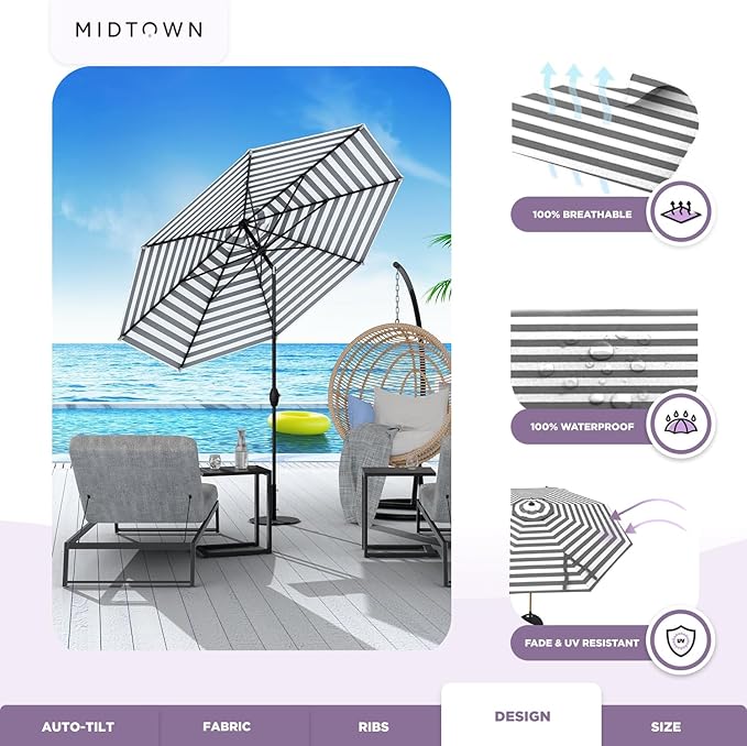 Midtown Umbrellas The Lean 10 Feet Outdoor Umbrella With Terylast Matter Stripes (Grey/White Stripes) Polyester Fabric - Auto-Tilt Aluminum Frame Patio Umbrella For Deck, Garden, Pool - Black Pole