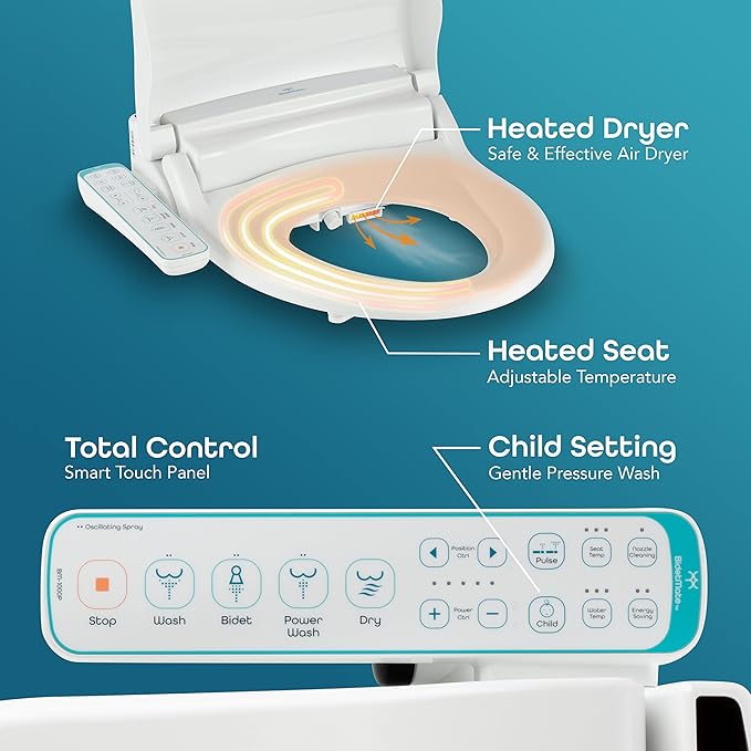BidetMate 1000 Series Electric Smart Toilet Bidet Seat with Heated Water, Side Control Panel, and Warm Air Dryer - Self-Cleaning - Perfect for a Smart Home Kit or Smart Home Accessories - Round