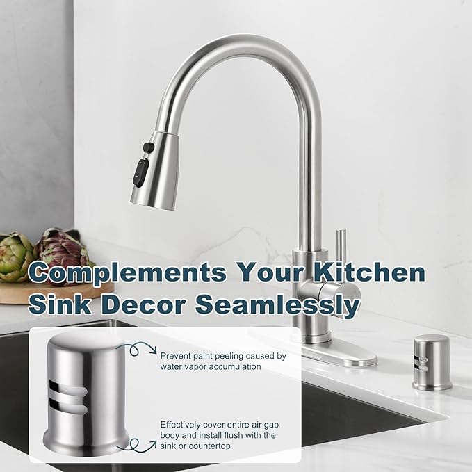 Dishwasher Air Gap Cover, Dishwasher Air Gap Cap for Kitchen Sink, Solid Brass Dishwasher Overflow Vent Cap Replacement Kit, Brushed Stainless Steel