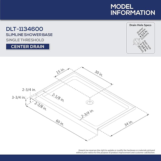 DreamLine SlimLine 34 in. D x 60 in. W x 2 3/4 in. H Center Drain Single Threshold Shower Base in Biscuit, DLT-1134600-22