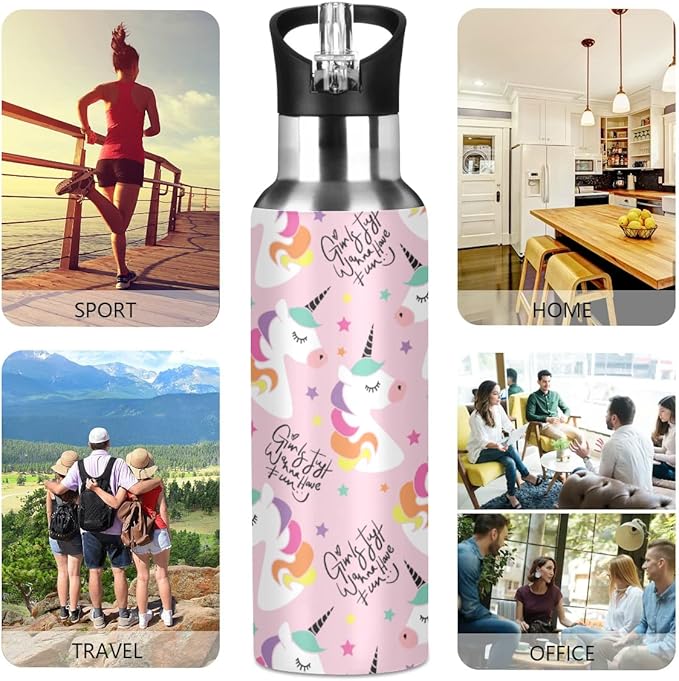 MNSRUU Insulated Water Bottle with Straw, Rainbow and Unicorns Stainless Steel Flasks for Sports Cycling Hiking School