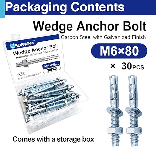 30Pcs M6×80mm Wedge Anchor Bolt, Carbon Steel Zinc Plated, Concrete Anchor Screws Kit, Anti-Rust Metric Expansion Bolts