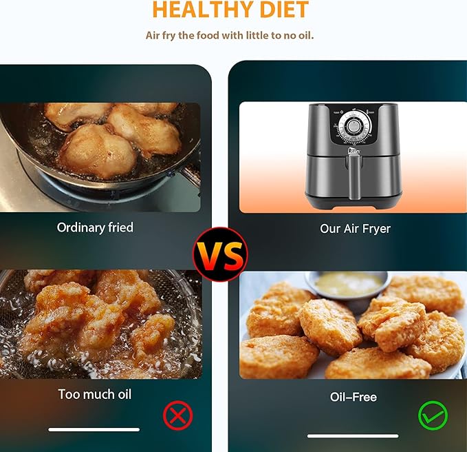 Uten 5.8 Quart Air Fryer, 1700W Hot Oven Oilless Cooker,Non-Stick Fry Basket, Manual Air Fryer with Timer Knob and Temperature Knob, Black