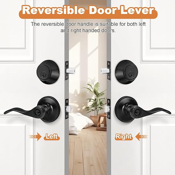 Probrico Entrance Door Lever Deadbolt Sets Front Door Entry Lever Lockset, Single Cylinder Deadbolt Combination Set, Flat Black Finish Keyed Alike Combo, Reversible for Right and Left Side 10Pack