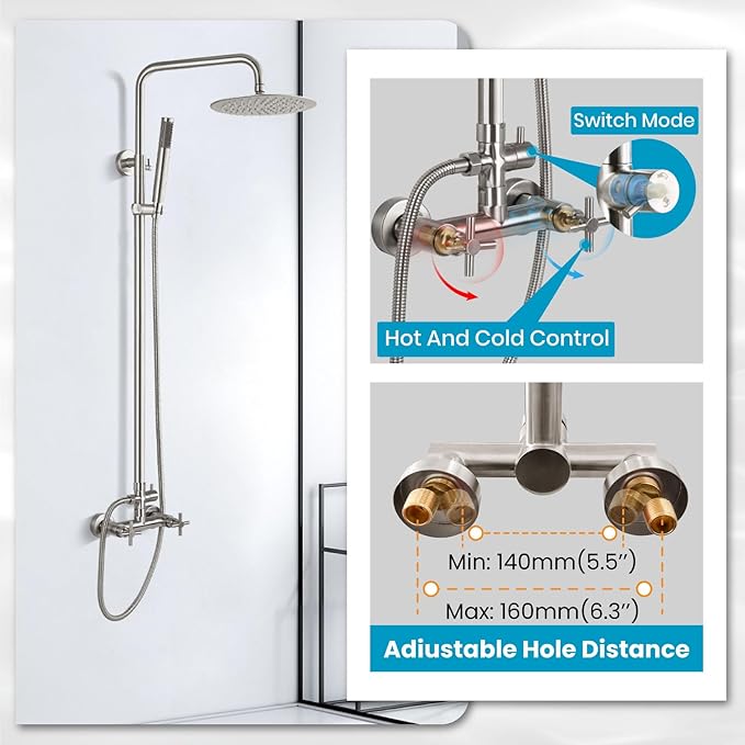gotonovo Outdoor Shower Fixtures SUS304 Stainless Steel Rain Shower Kit Faucet High Pressure Wall Mount 2 Dual Function 8 Inch Showerhead and Handheld Spray Combo, Double Cross Handle, Brushed Nickel