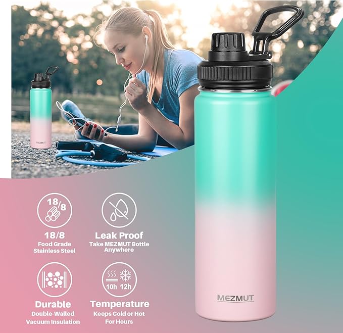 Insulated Water Bottle 24oz Stainless Steel Water Bottles with Straw&3 Lids Sports Metal Water Bottle Thermos Cup Double Walled Vacuum Insulated Bottles Leak-Proof Travel (Gradient Green Pink)