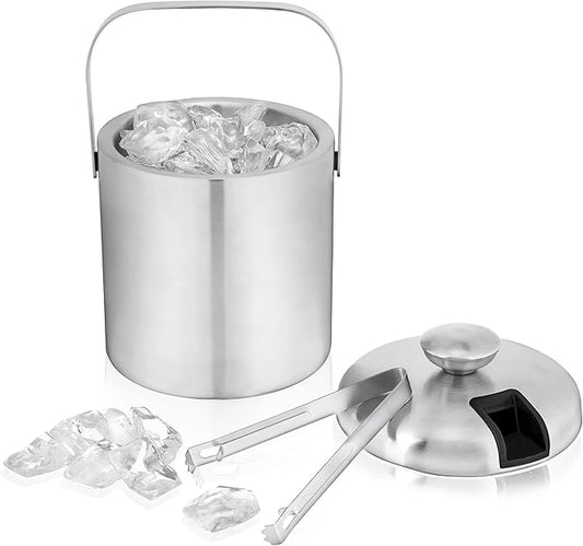 True Stainless Steel Ice Buckets for Parties with Lid, 1.3L Capacity Double Wall Ice Bucket with Tongs, Insulated Ice Bucket for Cocktail Bar, Set of 1