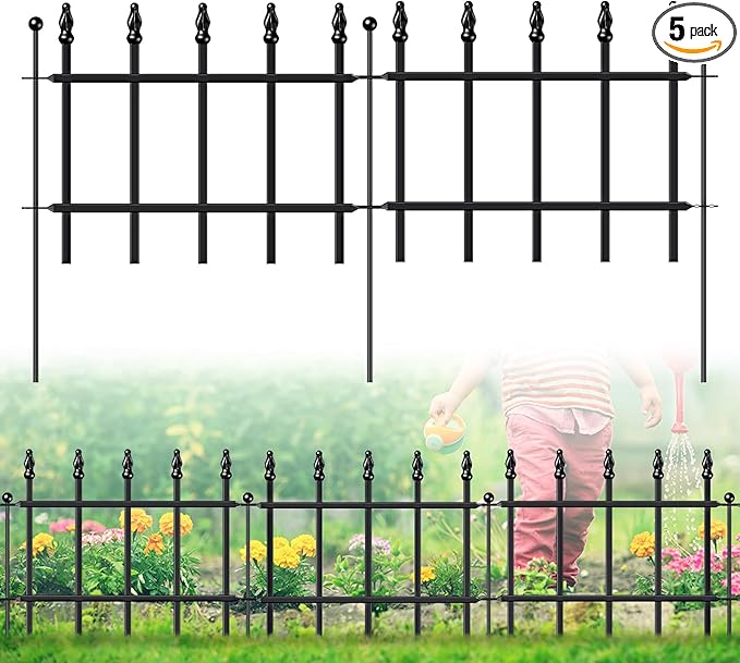 Decorative Metal Garden Fence 11in H x 6ft L, Small Border Fence Roman Column Deco, Garden Fencing for Flower Bed Lawn Landscape Outdoor, 5 Panels + 6 Stakes Black