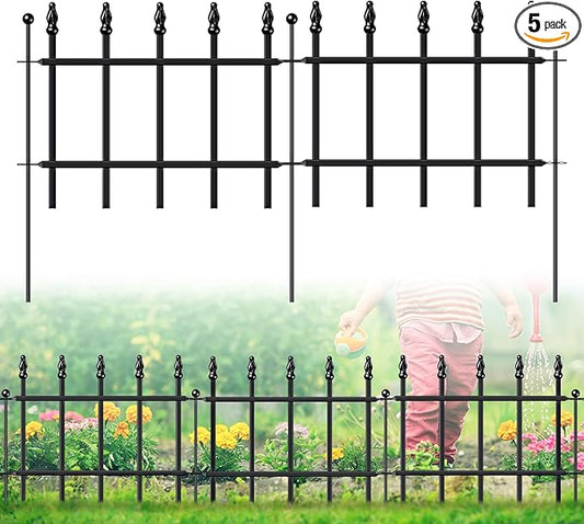 Decorative Metal Garden Fence 11in H x 6ft L, Small Border Fence Roman Column Deco, Garden Fencing for Flower Bed Lawn Landscape Outdoor, 5 Panels + 6 Stakes Black