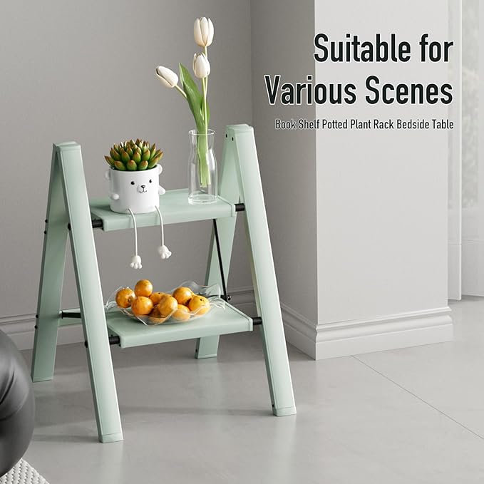 2 Step Ladder,Aluminum Folding Step Stool for Adults,Step Ladder with Wide Anti-Slip Pedal,330 lbs Capacity for Home,Office,Kitchen,Library(Green)