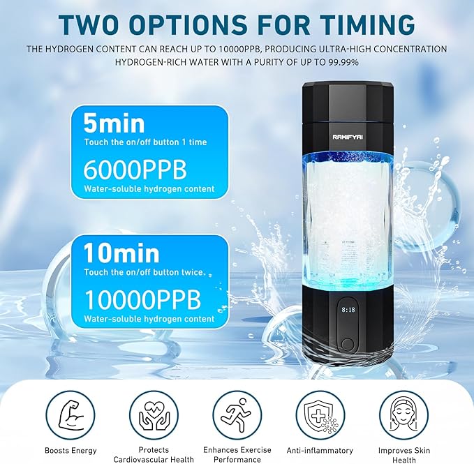 2024 New Upgrade 10000PPB Hydrogen Water Bottle Seven Colorful Light Double Anti-Slip and Leak-Proof Hydrogen Water Generator with Pressure Relief Valve-Black