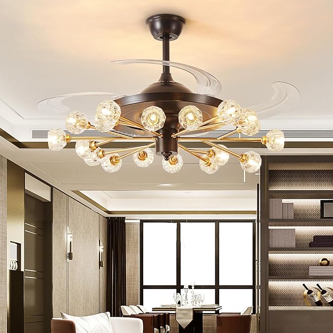 Sputnik Fandelier Ceiling Fan: 48" Gold Chandelier with Fan and Remote for Living Room - 18 Lights Black Fandelier for Bedroom - Retractable Crystal Ceiling Fans with Lights Farmhouse
