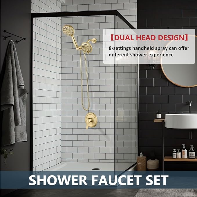 Aolemi Shower Faucet Set Rain Shower Head System Shower Trim Kit Pressure Rough-in Valve Included ABS 8 Setting Dual Shower Head and Handheld Spray Brushed Gold
