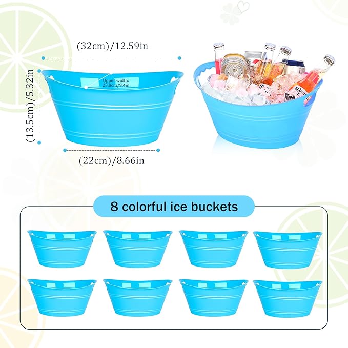 8Pcs Ice Bucket, Plastic Ice Buckets for Parties, Drink Buckets with Handles Beverage Buckets Oval Storage Plastic Tub for Wine Beer Champagne Bottles, 4.3Liter (Blue)
