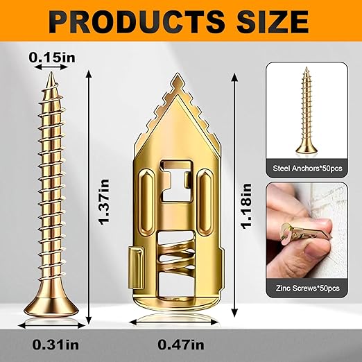 50 Set Self Drilling Drywall Anchors and Screws,Dry Wall Anchors Heavy Duty,Screws and Anchors Repair Tools for Wet and Drywall Fixing Picture,Furniture,Flags,Outdoor Decor-1.18inch