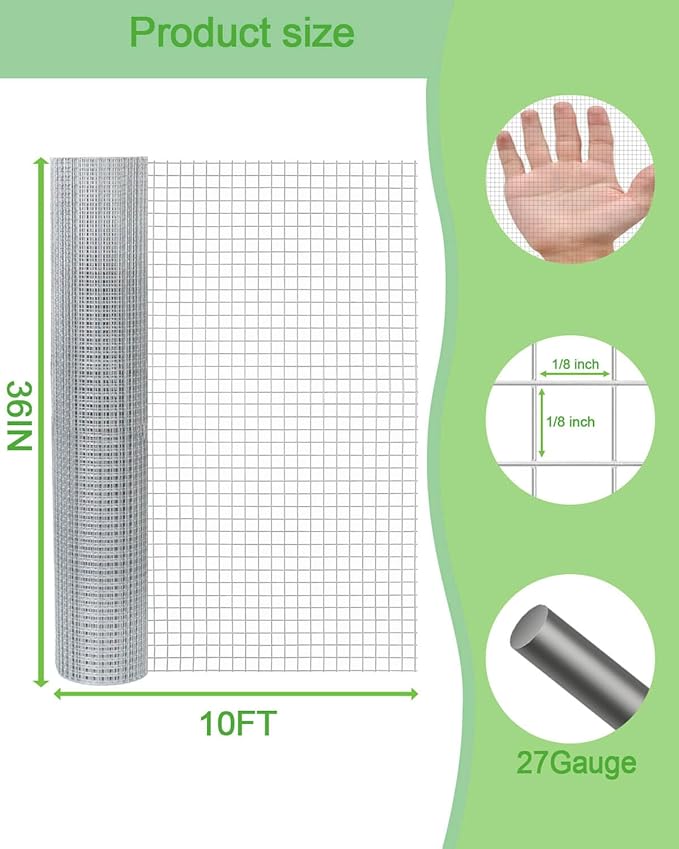 Hardware Cloth 36in x 10ft 1/8 Inch 27 Gauge, Hot-Dipped Galvanized Welded Wire Mesh, Low Carbon Steel, Animal Cage Wire Netting, Garden Wire Mesh