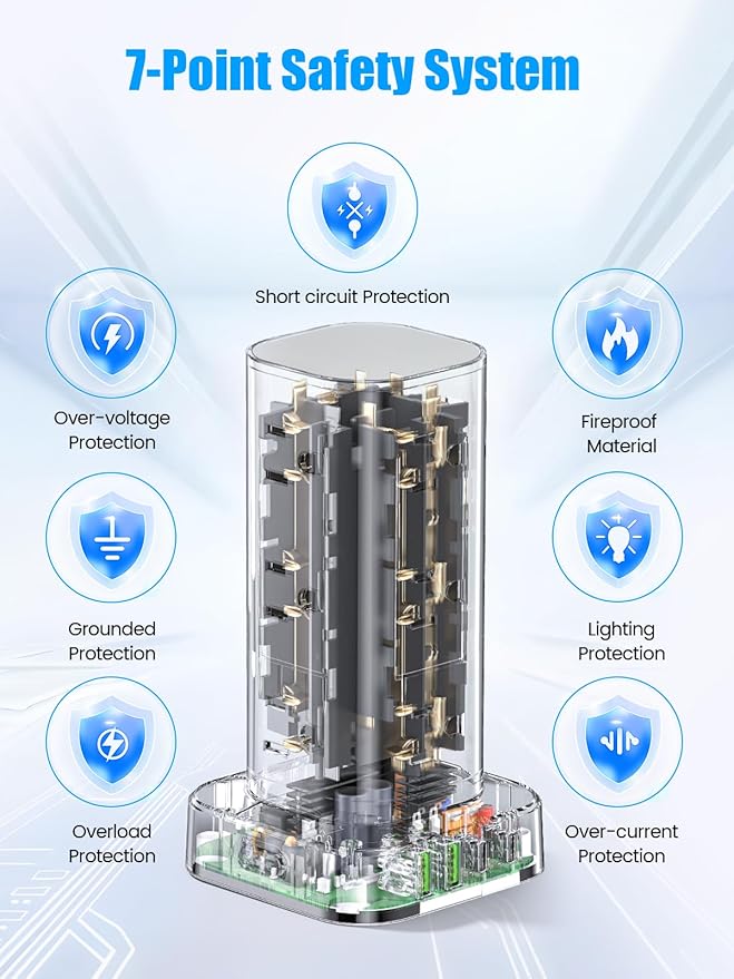 Flat Plug Power Strip Tower Surge Protector, 10FT Flat Extension Cord with Multiple Outlets, 12 AC Outlets, 4 USB Ports (2 USB C) Charging Station for Office Home Dorm Room Travel (White)