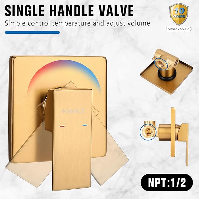 10 Inch Rainfall Shower Faucet Single Function Shower Trim Kit with Rough-in Valve Shower Set Square Stainless Steel Metal Touch-Clean Shower Head Brushed Gold