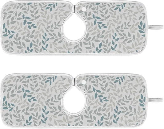 Gray and Blue Leaves Branches Faucet Water Catcher Mat 2 Pack Botanical Herbs Flowers Drying Mat Absorbent Bathroom Faucet Handle Drip Catcher Tray Bar RV Kitchen Sink Splash Guard 14x5 Inches