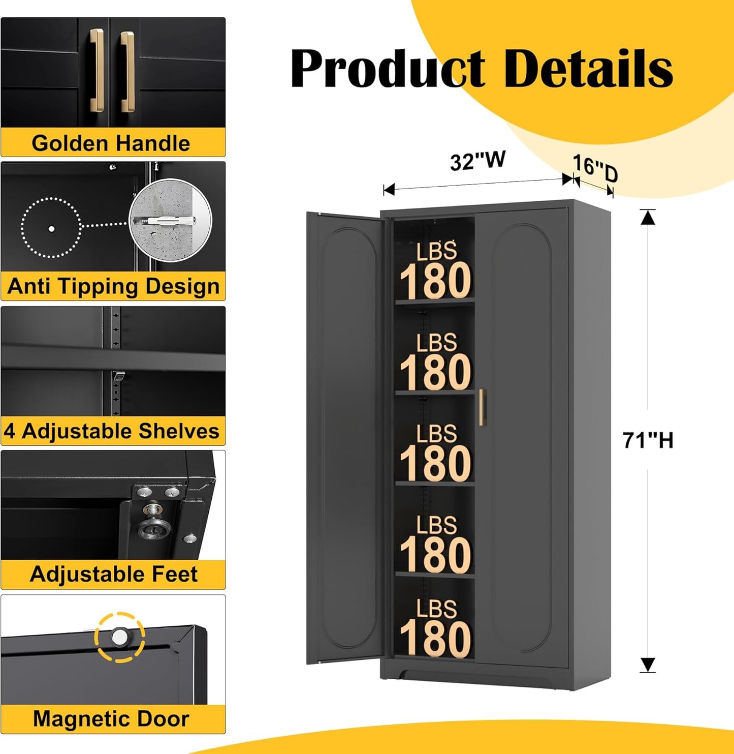 Metal Tall Black Cabinet, 71' Pantry Cabinet with Doors and 4 Adjustable Shelves, for Pantry, Laundry Room, Living Room, Dining Room