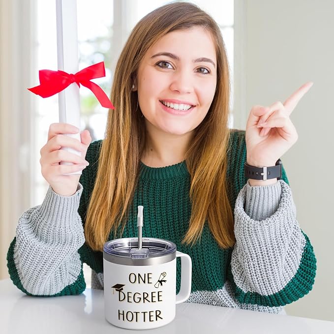 Lifecapido Graduation Gifts, One Degree Hotter 14oz Stainless Steel Coffee Mug with Handle, College Masters Degree Phd Graduation Gifts High School Graduation Gifts Christmas Gifts for Her Him (White)