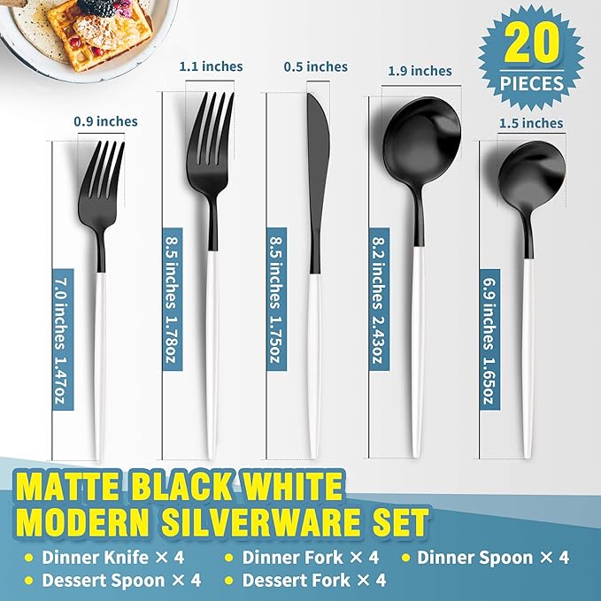 Matte Black White Silverware Set for 4,Modern Stainless Steel Brushed Cutlery Set,20-Pieces Heavy Duty Flatware Set,Knives Spoons and Forks Set Utensils Set, Satin Finish, Dishwasher Safe