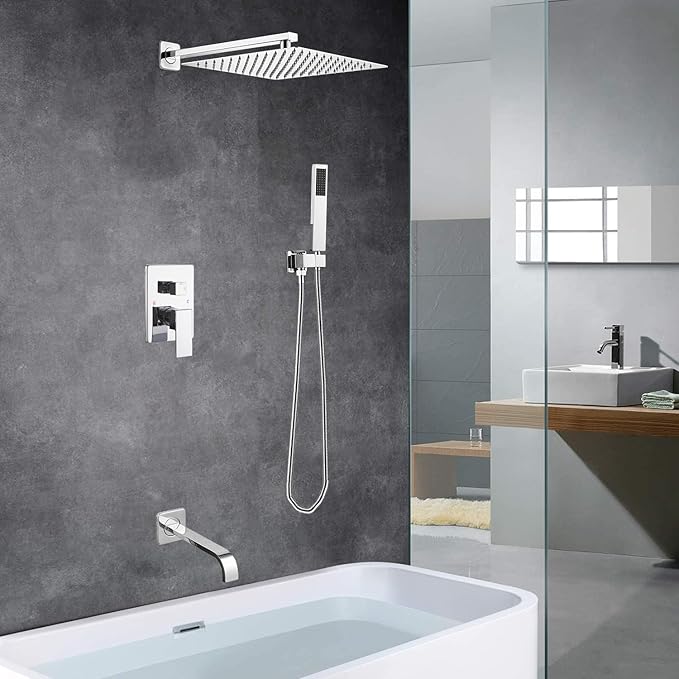 Chrome Shower System Bathroom Shower Faucet Set with Tub Spout Wall Mounted 10 Inch Shower Head and Handle Set with Handheld 3 Function Tub and Shower Trim Kit with Rough-in Valve
