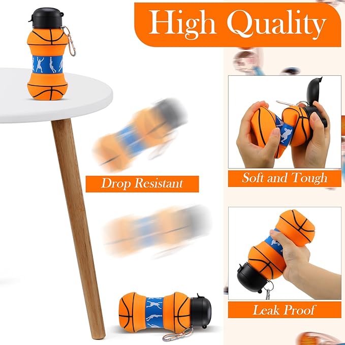 Layhit 8 Pcs Collapsible Basketball Water Bottle 18oz Basketball Cups Gifts for Kids Silicone Portable Leakproof Folding Water Bottle with Hook for Sports School Travel