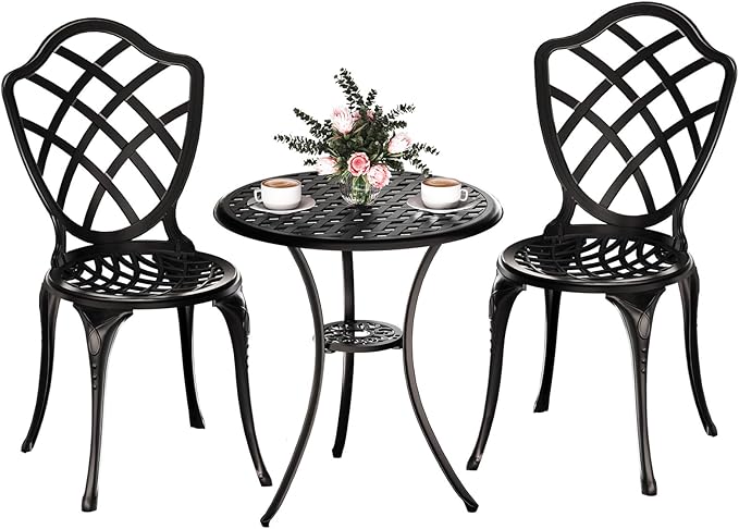 3 Piece Patio Bistro Set, Outdoor Bistro Table and Chairs Set of 2 w/Umbrella Hole, Rust-Resistant Cast Aluminum Bistro Set for Garden/Balcony/Backyard, Black
