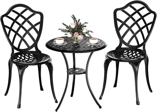 3 Piece Patio Bistro Set, Outdoor Bistro Table and Chairs Set of 2 w/Umbrella Hole, Rust-Resistant Cast Aluminum Bistro Set for Garden/Balcony/Backyard, Black