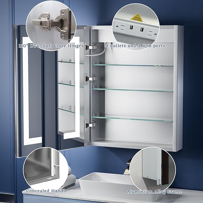 ExBrite LED Lighted Bathroom Medicine Cabinet with Mirror, 24 x 30 Inch, Recessed or Surface Mount, Anti-Fog, Stepless Dimming, Color Temperature Adjustment, 2 Outlets, Storage Shelves, Left Hinge