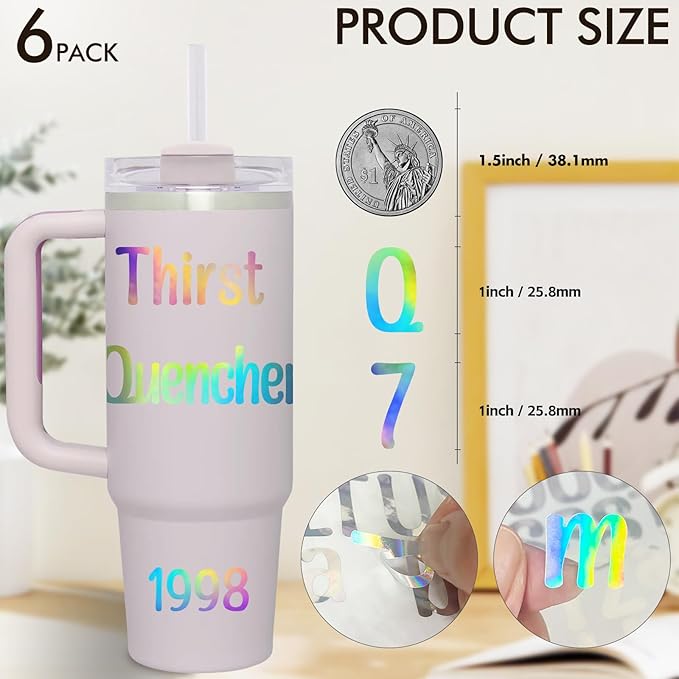 6 Pack Shiny Letters Stickers for Stanley Cups, Self Adhesive Waterproof Vinyl Custom Name Alphabet Number Sticker, Tags Logo Decor for Adults Kids Laptop Sign Desk Classroom