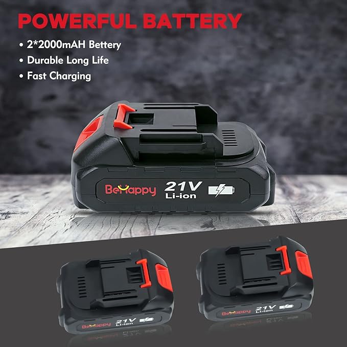 BEHAPPY Cordless Drill Set, 21V Power Drill Kit, Electric Power Drill Set with 2 Batteries and Charger, 25+3 Torque Setting, 2 Speed, 315 In-lb, LED, 23pcs Drill Bit, Impact Drill Set for Home, DIY
