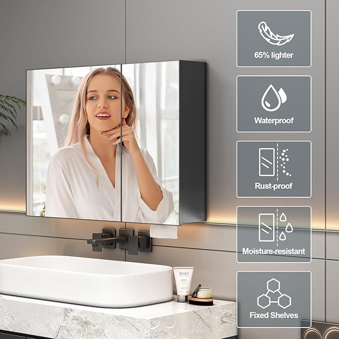 24 x 35.4 inch Bathroom Medicine Cabinet with Mirror, Black Metal Framed Mirror Medicine Cabinet with Storage, Pre-Assemble Medicine Cabinets for Bathroom, Recessed or Surface Mount